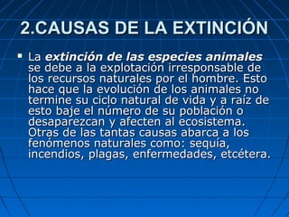 2.CAUSAS DE LA EXTINCIÓN2.CAUSAS DE LA EXTINCIÓN
 LaLa extinción de las especies animalesextinción de las especies animales
se debe a la explotación irresponsable dese debe a la explotación irresponsable de
los recursos naturales por el hombre. Estolos recursos naturales por el hombre. Esto
hace que la evolución de los animales nohace que la evolución de los animales no
termine su ciclo natural de vida y a raíz determine su ciclo natural de vida y a raíz de
esto baje el número de su población oesto baje el número de su población o
desaparezcan y afecten al ecosistema.desaparezcan y afecten al ecosistema.
Otras de las tantas causas abarca a losOtras de las tantas causas abarca a los
fenómenos naturales como: sequía,fenómenos naturales como: sequía,
incendios, plagas, enfermedades, etcétera.incendios, plagas, enfermedades, etcétera.
 