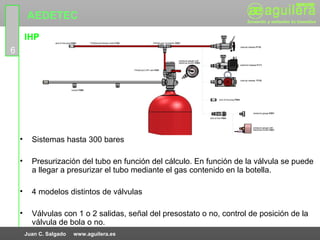 AEDETEC
        IHP
6




    •     Sistemas hasta 300 bares

    •     Presurización del tubo en función del cálculo. En función de la válvula se puede
          a llegar a presurizar el tubo mediante el gas contenido en la botella.

    •     4 modelos distintos de válvulas

    •     Válvulas con 1 o 2 salidas, señal del presostato o no, control de posición de la
          válvula de bola o no.
        Juan C. Salgado   www.aguilera.es
 