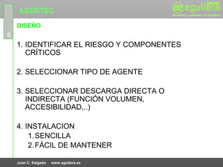 AEDETEC
    DISEÑO
6
    1. IDENTIFICAR EL RIESGO Y COMPONENTES
       CRÍTICOS

    2. SELECCIONAR TIPO DE AGENTE

    3. SELECCIONAR DESCARGA DIRECTA O
       INDIRECTA (FUNCIÓN VOLUMEN,
       ACCESIBILIDAD,..)

    4. INSTALACION
        1. SENCILLA
        2. FÁCIL DE MANTENER

    Juan C. Salgado   www.aguilera.es
 
