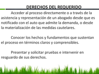 Acceder al proceso directamente o a través de la
asistencia y representación de un abogado desde que es
notificado con el auto que admite la demanda, o desde
la materialización de las medidas cautelares.
Conocer los hechos y fundamentos que sustentan
el proceso en términos claros y comprensibles.
Presentar y solicitar pruebas e intervenir en
resguardo de sus derechos.
DERECHOS DEL REQUERIDO
 