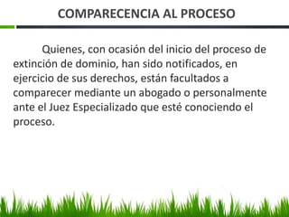 Quienes, con ocasión del inicio del proceso de
extinción de dominio, han sido notificados, en
ejercicio de sus derechos, están facultados a
comparecer mediante un abogado o personalmente
ante el Juez Especializado que esté conociendo el
proceso.
COMPARECENCIA AL PROCESO
 