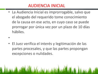 AUDIENCIA INICIAL
• La Audiencia Inicial es improrrogable, salvo que
el abogado del requerido tome conocimiento
de la causa en ese acto, en cuyo caso se puede
prorrogar por única vez por un plazo de 10 días
hábiles.
•
• El Juez verifica el interés y legitimación de las
partes procesales, y que las partes propongan
excepciones o nulidades.
 
