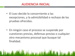 AUDIENCIA INICIAL
• El Juez decide lo concerniente a las
excepciones, y la admisibilidad o rechazo de las
pruebas ofrecidas.
• En ningún caso el proceso se suspende por
cuestiones previas, defensas previas o cualquier
otro mecanismo procesal que busque tal
finalidad.
 