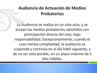 Audiencia de Actuación de Medios
Probatorios
La Audiencia se realiza en un solo acto, y se
actúan los medios probatorios admitidos con
participación directa del Juez, bajo
responsabilidad. Excepcionalmente, cuando el
caso revista complejidad, la audiencia se
suspende y continúa en el día hábil siguiente, y
de no ser esto posible, en un plazo máximo de 5
días hábiles.
 