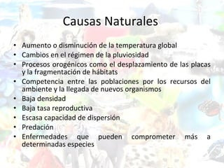 Causas Naturales  Aumento o disminución de la temperatura global Cambios en el régimen de la pluviosidad Procesos orogénicos como el desplazamiento de las placas y la fragmentación de hábitats Competencia entre las poblaciones por los recursos del ambiente y la llegada de nuevos organismos Baja densidad Baja tasa reproductiva Escasa capacidad de dispersión Predación Enfermedades que pueden comprometer más a determinadas especies 