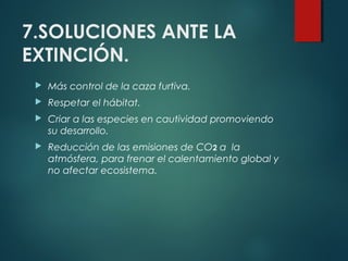 7.SOLUCIONES ANTE LA
EXTINCIÓN.
 Más control de la caza furtiva.
 Respetar el hábitat.
 Criar a las especies en cautividad promoviendo
su desarrollo.
 Reducción de las emisiones de CO2 a la
atmósfera, para frenar el calentamiento global y
no afectar ecosistema.
 