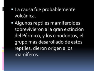  La causa fue probablemente
volcánica.
 Algunos reptiles mamiferoides
sobrevivieron a la gran extinción
del Pérmico, y los cinodontos, el
grupo más desarollado de estos
reptiles, dieron origen a los
mamíferos.
 