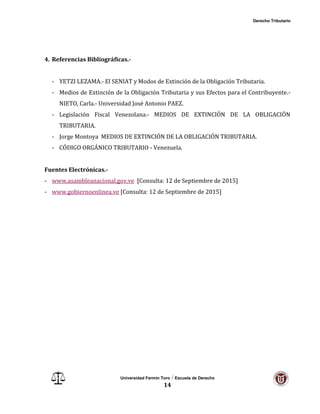 Derecho Tributario
Universidad Fermín Toro / Escuela de Derecho
14
4. Referencias Bibliográficas.-
- YETZI LEZAMA.- El SENIAT y Modos de Extinción de la Obligación Tributaria.
- Medios de Extinción de la Obligación Tributaria y sus Efectos para el Contribuyente.-
NIETO, Carla.- Universidad José Antonio PAEZ.
- Legislación Fiscal Venezolana.- MEDIOS DE EXTINCIÓN DE LA OBLIGACIÓN
TRIBUTARIA.
- Jorge Montoya MEDIOS DE EXTINCIÓN DE LA OBLIGACIÓN TRIBUTARIA.
- CÓDIGO ORGÁNICO TRIBUTARIO - Venezuela.
Fuentes Electrónicas.-
- www.asambleanacional.gov.ve [Consulta: 12 de Septiembre de 2015]
- www.gobiernoenlinea.ve [Consulta: 12 de Septiembre de 2015]
 