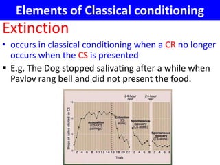 Elements of Classical conditioning
Extinction
• occurs in classical conditioning when a CR no longer
  occurs when the CS is presented
 E.g. The Dog stopped salivating after a while when
  Pavlov rang bell and did not present the food.
 