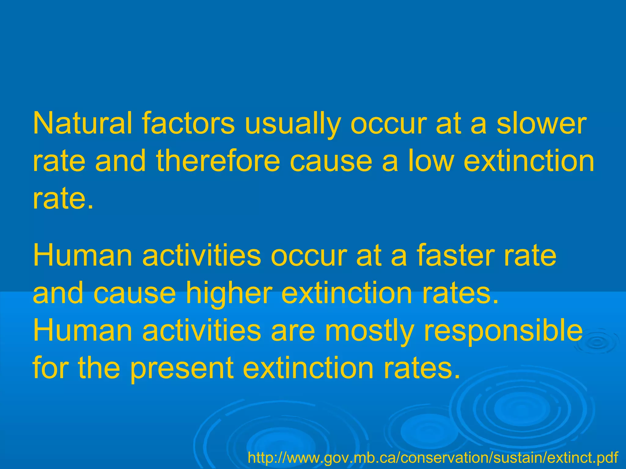 Natural factors usually occur at a slower
rate and therefore cause a low extinction
rate.
Human activities occur at a faster rate
and cause higher extinction rates.
Human activities are mostly responsible
for the present extinction rates.
http://www.gov.mb.ca/conservation/sustain/extinct.pdf
 