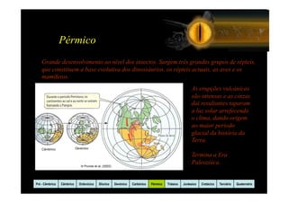 Pérmico
    Grande desenvolvimento ao nível dos insectos. Surgem três grandes grupos de répteis,
    que constituem a base evolutiva dos dinossáurios, os répteis actuais, as aves e os
    mamíferos.
                                                                                                        As erupções vulcânicas
                                                                                                        são intensas e as cinzas
                                                                                                        daí resultantes taparam
                                                                                                        a luz solar arrefecendo
                                                                                                        o clima, dando origem
                                                                                                        ao maior período
                                                                                                        glacial da história da
                                                                                                        Terra.

                                                                                                        Termina a Era
                                                                                                        Paleozóica.
                             In Purves et al, (2002)




Pré - Câmbrico   Câmbrico   Ordovicico    Silurico     Devónico   Carbónico   Pérmico   Triásico   Jurássico   Cretácico   Terciário   Quaternário
 