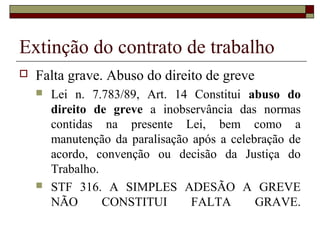 Extinção do contrato de trabalho
   Falta grave. Abuso do direito de greve
       Lei n. 7.783/89, Art. 14 Constitui abuso do
        direito de greve a inobservância das normas
        contidas na presente Lei, bem como a
        manutenção da paralisação após a celebração de
        acordo, convenção ou decisão da Justiça do
        Trabalho.
       STF 316. A SIMPLES ADESÃO A GREVE
        NÃO       CONSTITUI       FALTA       GRAVE.
 