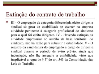 Extinção do contrato de trabalho
   III - O empregado de categoria diferenciada eleito dirigente
    sindical só goza de estabilidade se exercer na empresa
    atividade pertinente à categoria profissional do sindicato
    para o qual foi eleito dirigente. IV - Havendo extinção da
    atividade empresarial no âmbito da base territorial do
    sindicato, não há razão para subsistir a estabilidade. V - O
    registro da candidatura do empregado a cargo de dirigente
    sindical durante o período de aviso prévio, ainda que
    indenizado, não lhe assegura a estabilidade, visto que
    inaplicável a regra do § 3º do art. 543 da Consolidação das
    Leis do Trabalho.
 