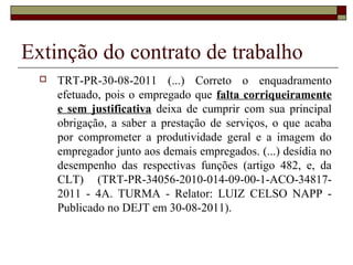 Extinção do contrato de trabalho
     TRT-PR-30-08-2011 (...) Correto o enquadramento
      efetuado, pois o empregado que falta corriqueiramente
      e sem justificativa deixa de cumprir com sua principal
      obrigação, a saber a prestação de serviços, o que acaba
      por comprometer a produtividade geral e a imagem do
      empregador junto aos demais empregados. (...) desídia no
      desempenho das respectivas funções (artigo 482, e, da
      CLT) (TRT-PR-34056-2010-014-09-00-1-ACO-34817-
      2011 - 4A. TURMA - Relator: LUIZ CELSO NAPP -
      Publicado no DEJT em 30-08-2011).
 