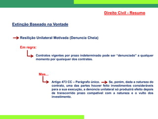 Direito Civil - Resumo
Extinção Baseado na Vontade
Resilição Unilateral Motivada (Denuncia Cheia)
Em regra:
Contratos vigentes por prazo indeterminado pode ser “denunciado” a qualquer
momento por quaisquer dos contrates.
Mas...
Artigo 473 CC – Parágrafo único. Se, porém, dada a natureza do
contrato, uma das partes houver feito investimentos consideráveis
para a sua execução, a denúncia unilateral só produzirá efeito depois
de transcorrido prazo compatível com a natureza e o vulto dos
investimento.
 