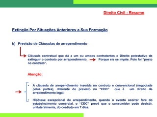 Direito Civil - Resumo
Extinção Por Situações Anteriores a Sua Formação
b) Previsão de Cláusulas de arrependimento
Cláusula contratual que dá a um ou ambos contratantes o Direito potestativo de
extinguir o contrato por arrependimento. Porque ele se impõe. Pois foi “posto
no contrato”.
Atenção:
• A cláusula de arrependimento inserida no contrato e convencional (negociada
pelas partes), diferente do previsto no “CDC” que é um direito de
arrependimento legal.
• Hipótese excepcional de arrependimento, quando o evento ocorrer fora do
estabelecimento comercial, o “CDC” prevê que o consumidor pode desistir,
unilateralmente, do contrato em 7 dias.
 