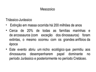 Mesozoico

Triássico-Jurássico
• Extinção em massa ocorrida há 200 milhões de anos
• Cerca de 20% de todas as famílias marinhas e
   de arcossauros (com exceção dos dinossauros) foram
   extintas, o mesmo ocorreu com os grandes anfíbios da
   época
• Este evento abriu um nicho ecológico que permitiu aos
   dinossauros desempenharem papel dominante no
   período Jurássico e posteriormente no período Cretáceo.
 