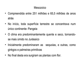 Mesozoico
• Compreendida entre 251 milhões e 65,5 milhões de anos
  atrás
• No início, toda superfície terrestre se concentrava num
  único continente- Pangeia
• O clima era predominantemente quente e seco, tornando-
  se mais úmido no Jurássico
• Inicialmente predominaram as sequoias, e outras, como
  ginkgos e palmeiras primitivas
• No final desta era surgiram as plantas com flor.
 