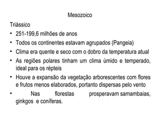 Mesozoico
Triássico
• 251-199,6 milhões de anos
• Todos os continentes estavam agrupados (Pangeia)
• Clima era quente e seco com o dobro da temperatura atual
• As regiões polares tinham um clima úmido e temperado,
   ideal para os répteis
• Houve a expansão da vegetação arborescentes com flores
   e frutos menos elaborados, portanto dispersas pelo vento
•         Nas        florestas     prosperavam samambaias,
   ginkgos e coníferas.
 