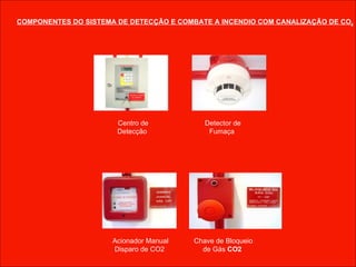 COMPONENTES DO SISTEMA DE DETECÇÃO E COMBATE A INCENDIO COM CANALIZAÇÃO DE CO 2   Detector de Fumaça   Centro de Detecção   Chave de Bloqueio de Gás  CO2   Acionador Manual Disparo de CO2   