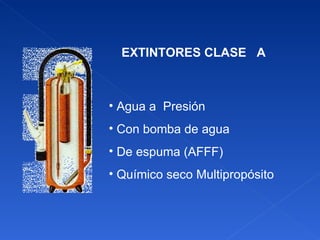 EXTINTORES CLASE  A Agua a  Presión Con bomba de agua De espuma (AFFF) Químico seco Multipropósito 