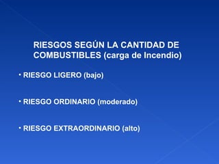 RIESGOS SEGÚN LA CANTIDAD DE COMBUSTIBLES (carga de Incendio) RIESGO LIGERO (bajo) RIESGO ORDINARIO (moderado) RIESGO EXTRAORDINARIO (alto) 