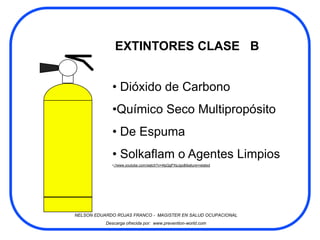 EXTINTORES CLASE B


              • Dióxido de Carbono
              •Químico Seco Multipropósito
              • De Espuma
              • Solkaflam o Agentes Limpios
              •://www.youtube.com/watch?v=4lpQgPXsJgo&feature=related




NELSON EDUARDO ROJAS FRANCO - MAGISTER EN SALUD OCUPACIONAL
           Descarga ofrecida por: www.prevention-world.com
 