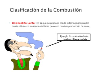  Combustión Lenta: Es la que se produce con la inflamación lenta del
combustible con ausencia de llama pero con notable producción de calor.
Ejemplo de combustión lenta:
Un cigarrillo encendido
 