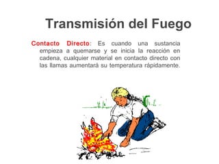 Transmisión del Fuego
Contacto Directo: Es cuando una sustancia
empieza a quemarse y se inicia la reacción en
cadena, cualquier material en contacto directo con
las llamas aumentará su temperatura rápidamente.
 