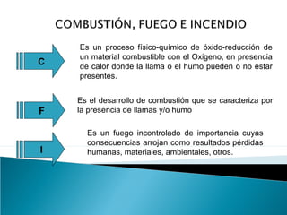 Es el desarrollo de combustión que se caracteriza por
la presencia de llamas y/o humo
C
F
I
Es un proceso físico-químico de óxido-reducción de
un material combustible con el Oxigeno, en presencia
de calor donde la llama o el humo pueden o no estar
presentes.
Es un fuego incontrolado de importancia cuyas
consecuencias arrojan como resultados pérdidas
humanas, materiales, ambientales, otros.
 