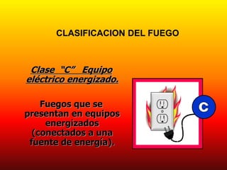 Clase “C” Equipo
eléctrico energizado.
Fuegos que se
presentan en equipos
energizados
(conectados a una
fuente de energía).
CLASIFICACION DEL FUEGO
 