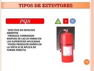 10
TIPOS DE EXTINTORES
TIPOS DE EXTINTORES
PQS B C
A
EFECTIVO EN ESPACIOS
ABIERTOS
PRODUCE CORROSION
DESPUES DE LAS 24 HORAS EN
LAS SUPERFICIES APLICADAS
PUEDE PRODUCIR DAÑOS EN
LA VISTA SI SE APLICA DE
FORMA DIRECTA
 