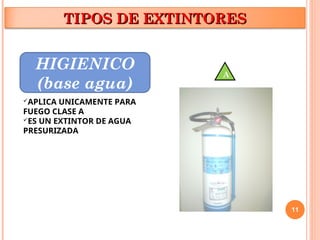 11
TIPOS DE EXTINTORES
TIPOS DE EXTINTORES
HIGIENICO
(base agua)
A
APLICA UNICAMENTE PARA
FUEGO CLASE A
ES UN EXTINTOR DE AGUA
PRESURIZADA
 
