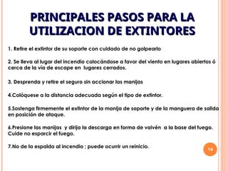 14
PRINCIPALES PASOS PARA LA
PRINCIPALES PASOS PARA LA
UTILIZACION DE EXTINTORES
UTILIZACION DE EXTINTORES
1. Retire el extintor de su soporte con cuidado de no golpearlo
4.Colóquese a la distancia adecuada según el tipo de extintor.
2. Se lleva al lugar del incendio colocándose a favor del viento en lugares abiertos ó
cerca de la vía de escape en lugares cerrados.
3. Desprenda y retire el seguro sin accionar las manijas
6.Presione las manijas y dirija la descarga en forma de vaivén a la base del fuego.
Cuide no esparcir el fuego.
5.Sostenga firmemente el extintor de la manija de soporte y de la manguera de salida
en posición de ataque.
7.No de la espalda al incendio ; puede ocurrir un reinicio.
 