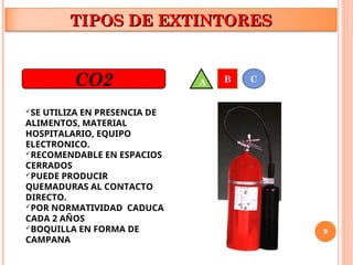 9
TIPOS DE EXTINTORES
TIPOS DE EXTINTORES
CO2
SE UTILIZA EN PRESENCIA DE
ALIMENTOS, MATERIAL
HOSPITALARIO, EQUIPO
ELECTRONICO.
RECOMENDABLE EN ESPACIOS
CERRADOS
PUEDE PRODUCIR
QUEMADURAS AL CONTACTO
DIRECTO.
POR NORMATIVIDAD CADUCA
CADA 2 AÑOS
BOQUILLA EN FORMA DE
CAMPANA
B C
A
 