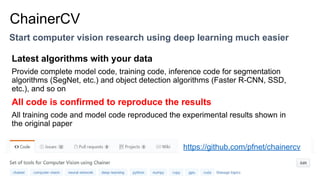 Start computer vision research using deep learning much easier
ChainerCV
Latest algorithms with your data
Provide complete model code, training code, inference code for segmentation
algorithms (SegNet, etc.) and object detection algorithms (Faster R-CNN, SSD,
etc.), and so on
All code is confirmed to reproduce the results
All training code and model code reproduced the experimental results shown in
the original paper
https://github.com/pfnet/chainercv
 