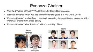 Ponanza Chainer
● Won the 2nd
place at The 27th
World Computer Shogi Championship
● Based on Ponanza which was the champion for two years in a row (2015, 2016)
● “Ponanza Chainer” applied Deep Learning for ordering the possible next moves for which
“Ponanza” should think ahead deeply
● “Ponanza Chainer” wins “Ponanza” with a probability of 80%
Team
PFN
Issei
Yamamoto
Akira
Shimoyama
Team
Ponanza
 