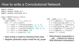 How to write a Convolutional Network
import chainer
import chainer.links as L
import chainer.functions as F
class LeNet5(chainer.Chain):
def __init__(self):
super(LeNet5, self).__init__()
with self.init_scope():
self.conv1 = L.Convolution2D(1, 6, 5, 1)
self.conv2 = L.Convolution2D(6, 16, 5, 1)
self.conv3 = L.Convolution2D(16, 120, 4, 1)
self.fc4 = L.Linear(None, 84)
self.fc5 = L.Linear(84, 10)
• Start writing a model by inheriting Chain class
• Register parametric layers inside the init_scope
• Write forward computation in
__call__ method (no need to
write backward computation)
def __call__(self, x):
h = F.sigmoid(self.conv1(x))
h = F.max_pooling_2d(h, 2, 2)
h = F.sigmoid(self.conv2(h))
h = F.max_pooling_2d(h, 2, 2)
h = F.sigmoid(self.conv3(h))
h = F.sigmoid(self.fc4(h))
return self.fc5(h)
 