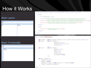 How it Works <html xmlns="http://www.w3.org/1999/xhtml" xml:lang="en" lang="en">  <head> <title> My RIA </title>   <link href= " http://extjs.cachefly.net/ext-3.2.1/resources/css/ext-all.css " />   <script src= " http://extjs.cachefly.net/ext-3.2.1/adapter/ext/ext-base.js "/></script> <script src= " http://extjs.cachefly.net/ext-3.2.1/ext-all.js " ></script>   </head>   <body> <script src= " myextjsapp.js " ></script> </body>   </html>   Ext.onReady( function (){  var  header =  new  Ext.Panel({region: 'north' ,html: 'North' ,title: 'Header' }); var  main  =  new  Ext.Panel({ region: 'center' , autoLoad: 'mypage.cfm' , title: 'Main‘   }); var  left  =  new  Ext.Panel({ region: 'west' , html: 'Left' , width: 300 , title: 'Left' , collapsible: true   }); new  Ext.Viewport({ layout:  'border' , border:  false , defaults: {split:  true ,layout: 'fit' ,border: true }, items: [header,left,main], }); }); Basic Layout Basic Functionality 