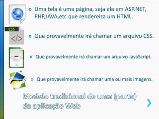 » Uma tela é uma página, seja ela em ASP.NET,
PHP,JAVA,etc que rendereiza um HTML.
» Que provavelmente irá chamar um arquivo CSS.
» Que provavelmente irá chamar um arquivo JavaScript.
» Que provavelmente irá chamar uma ou mais imagens.
 