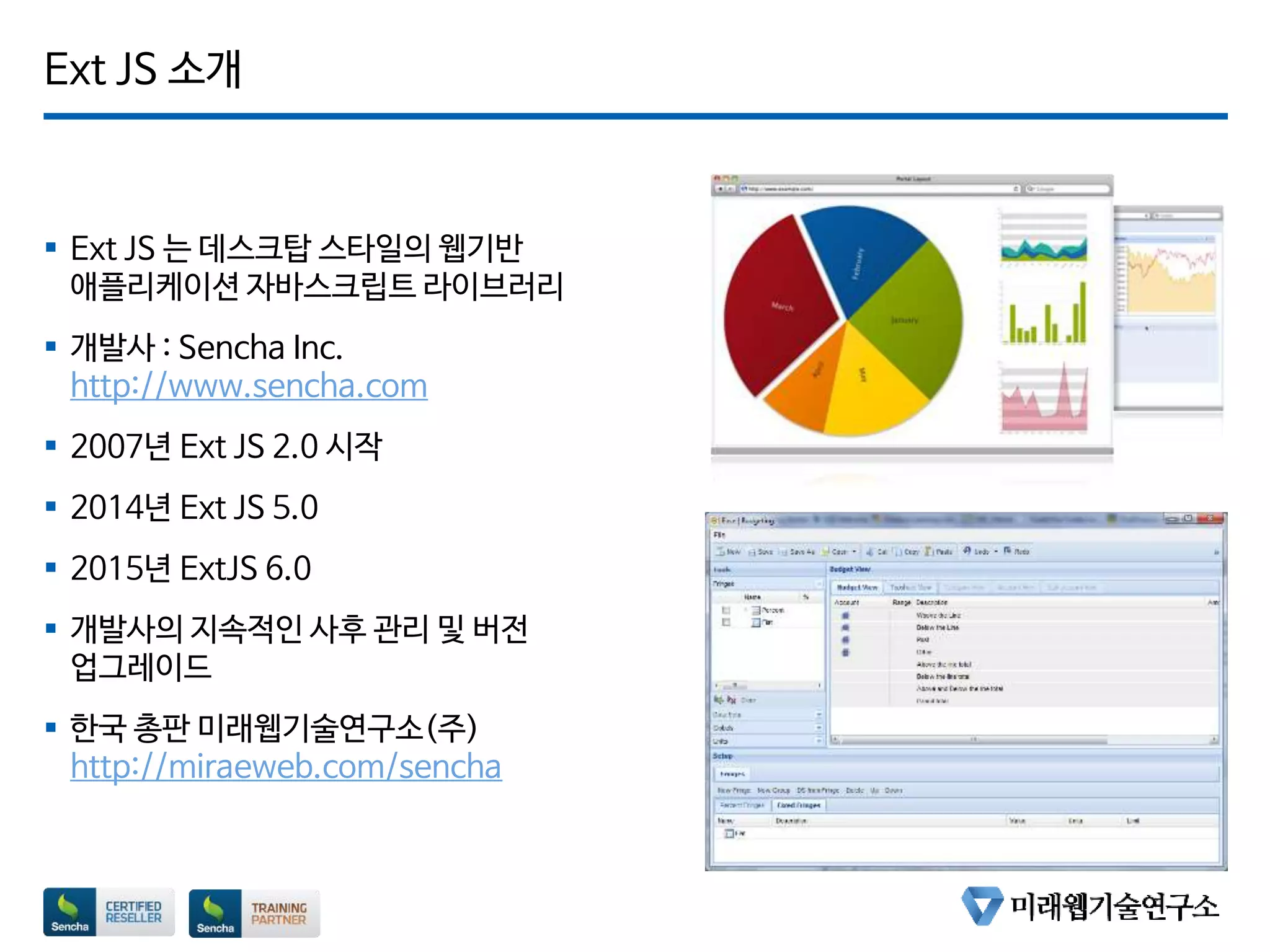 Ext JS 소개
 Ext JS 는 데스크탑 스타일의 웹기반
애플리케이션 자바스크립트 라이브러리
 개발사 : Sencha Inc.
http://www.sencha.com
 2007년 Ext JS 2.0 시작
 2014년 Ext JS 5.0
 2015년 ExtJS 6.0
 개발사의 지속적인 사후 관리 및 버전
업그레이드
 한국 총판 미래웹기술연구소(주)
http://miraeweb.com/sencha
 