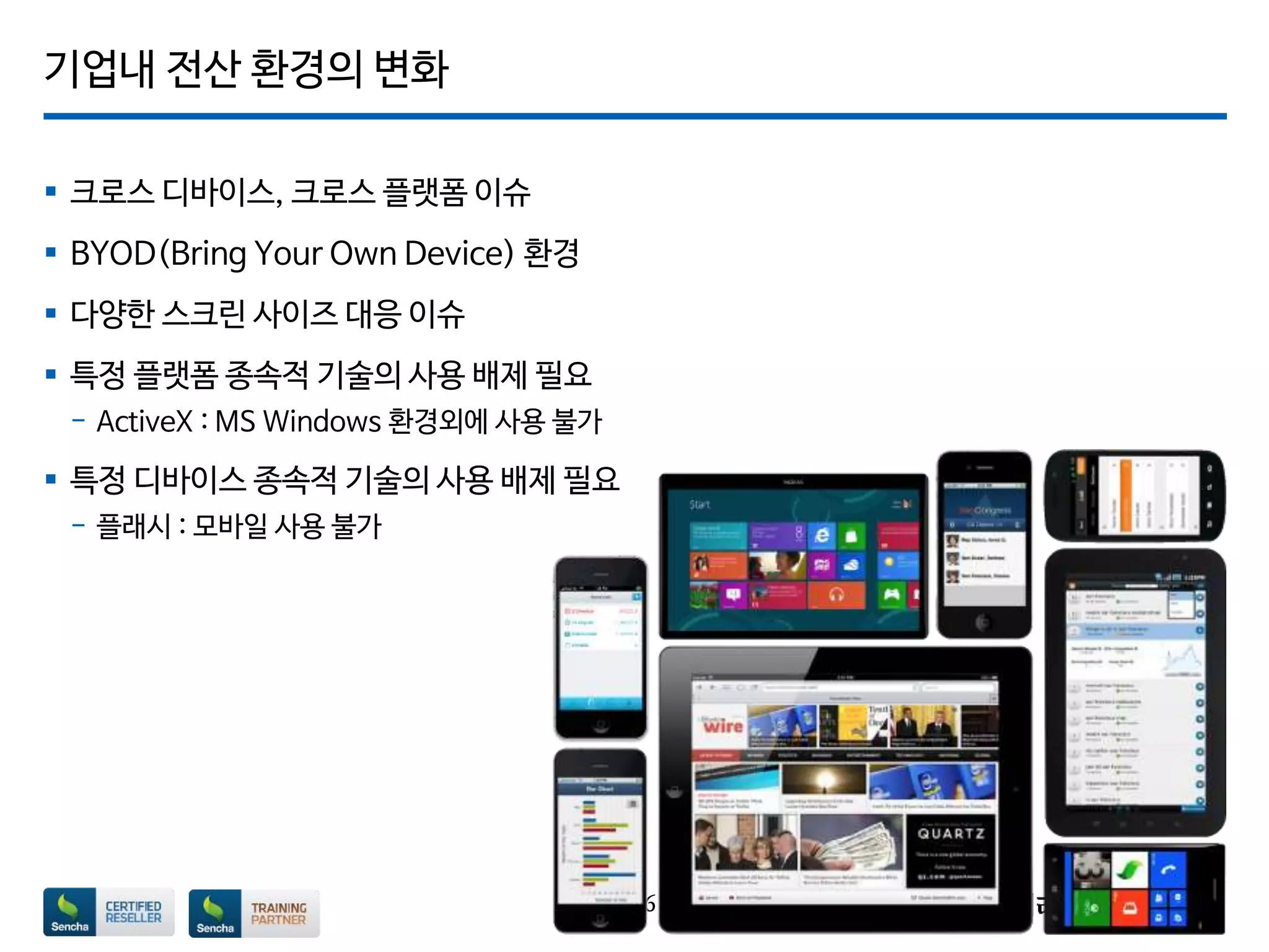 기업내 전산 환경의 변화
 크로스 디바이스, 크로스 플랫폼 이슈
 BYOD(Bring Your Own Device) 환경
 다양한 스크린 사이즈 대응 이슈
 특정 플랫폼 종속적 기술의 사용 배제 필요
- ActiveX : MS Windows 환경외에 사용 불가
 특정 디바이스 종속적 기술의 사용 배제 필요
- 플래시 : 모바일 사용 불가
Page 6
 