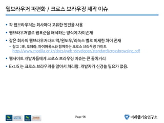 웹브라우저 파편화 / 크로스 브라우징 제작 이슈
 각 웹브라우저는 회사마다 고유한 엔진을 사용
 웹브라우저별로 웹표준을 해석하는 방식에 차이존재
 같은 회사의 웹브라우저라도 맥/윈도우/리눅스 별로 미세한 차이 존재
- 참고 : IE, 오페라, 파이어폭스와 함께하는 크로스 브라우징 가이드
http://www.mozilla.or.kr/docs/web-developer/standard/crossbrowsing.pdf
 웹사이트 개발자들에게 크로스 브라우징 이슈는 큰 골치거리
 ExtJS 는 크로스 브라우저를 알아서 처리함. 개발자가 신경쓸 필요가 없음.
Page 58
 