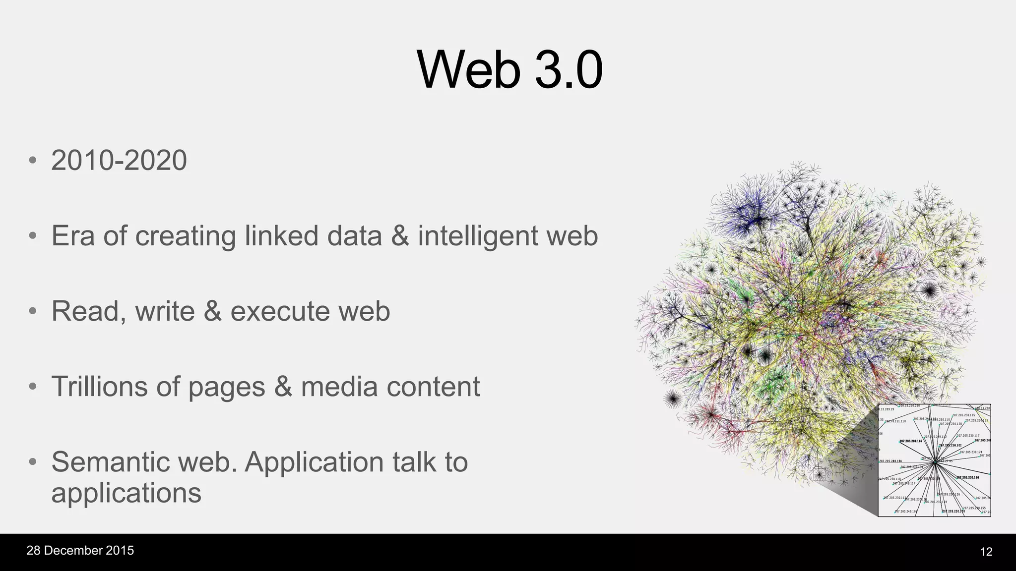 • 2010-2020
• Era of creating linked data & intelligent web
• Read, write & execute web
• Trillions of pages & media content
• Semantic web. Application talk to
applications
Web 3.0
28 December 2015 12
 