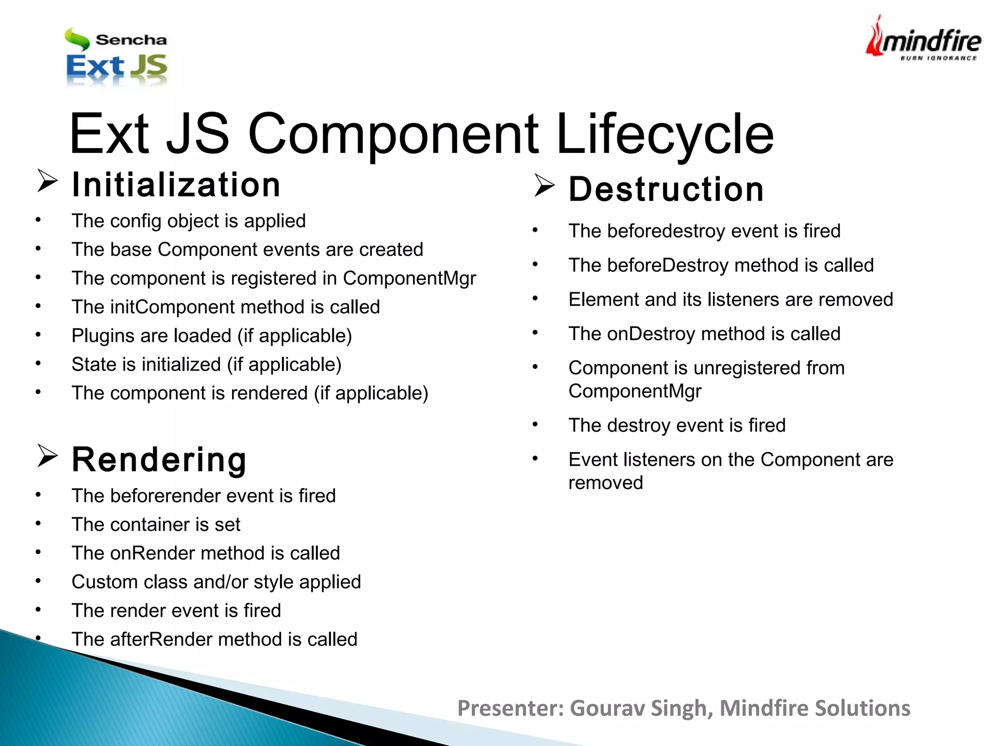 Presenter: Gourav Singh, Mindfire Solutions
Ext JS Component Lifecycle
 Initialization
• The config object is applied
• The base Component events are created
• The component is registered in ComponentMgr
• The initComponent method is called
• Plugins are loaded (if applicable)
• State is initialized (if applicable)
• The component is rendered (if applicable)
 Rendering
• The beforerender event is fired
• The container is set
• The onRender method is called
• Custom class and/or style applied
• The render event is fired
• The afterRender method is called
 Destruction
• The beforedestroy event is fired
• The beforeDestroy method is called
• Element and its listeners are removed
• The onDestroy method is called
• Component is unregistered from
ComponentMgr
• The destroy event is fired
• Event listeners on the Component are
removed
 