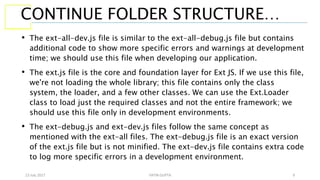 13 July 2017 YATIN GUPTA 9
CONTINUE FOLDER STRUCTURE…
• The ext-all-dev.js file is similar to the ext-all-debug.js file but contains
additional code to show more specific errors and warnings at development
time; we should use this file when developing our application.
• The ext.js file is the core and foundation layer for Ext JS. If we use this file,
we're not loading the whole library; this file contains only the class
system, the loader, and a few other classes. We can use the Ext.Loader
class to load just the required classes and not the entire framework; we
should use this file only in development environments.
• The ext-debug.js and ext-dev.js files follow the same concept as
mentioned with the ext-all files. The ext-debug.js file is an exact version
of the ext.js file but is not minified. The ext-dev.js file contains extra code
to log more specific errors in a development environment.
 
