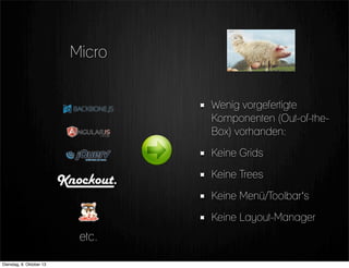 Wenig vorgefertigte
Komponenten (Out-of-the-
Box) vorhanden:
Keine Grids
Keine Trees
Keine Menü/Toolbar‘s
Keine Layout-Manager
etc.
Micro
Dienstag, 8. Oktober 13
 
