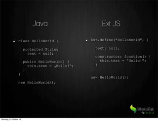Ext JSJava
class HelloWorld {
protected String
text = null;
public HelloWorld() {
this.text = „Hello!“;
}
}
new HelloWorld();
Ext.define("HelloWorld", {
text: null,
constructor: function() {
this.text = "Hello!";
}
})
new HelloWorld();
Dienstag, 8. Oktober 13
 