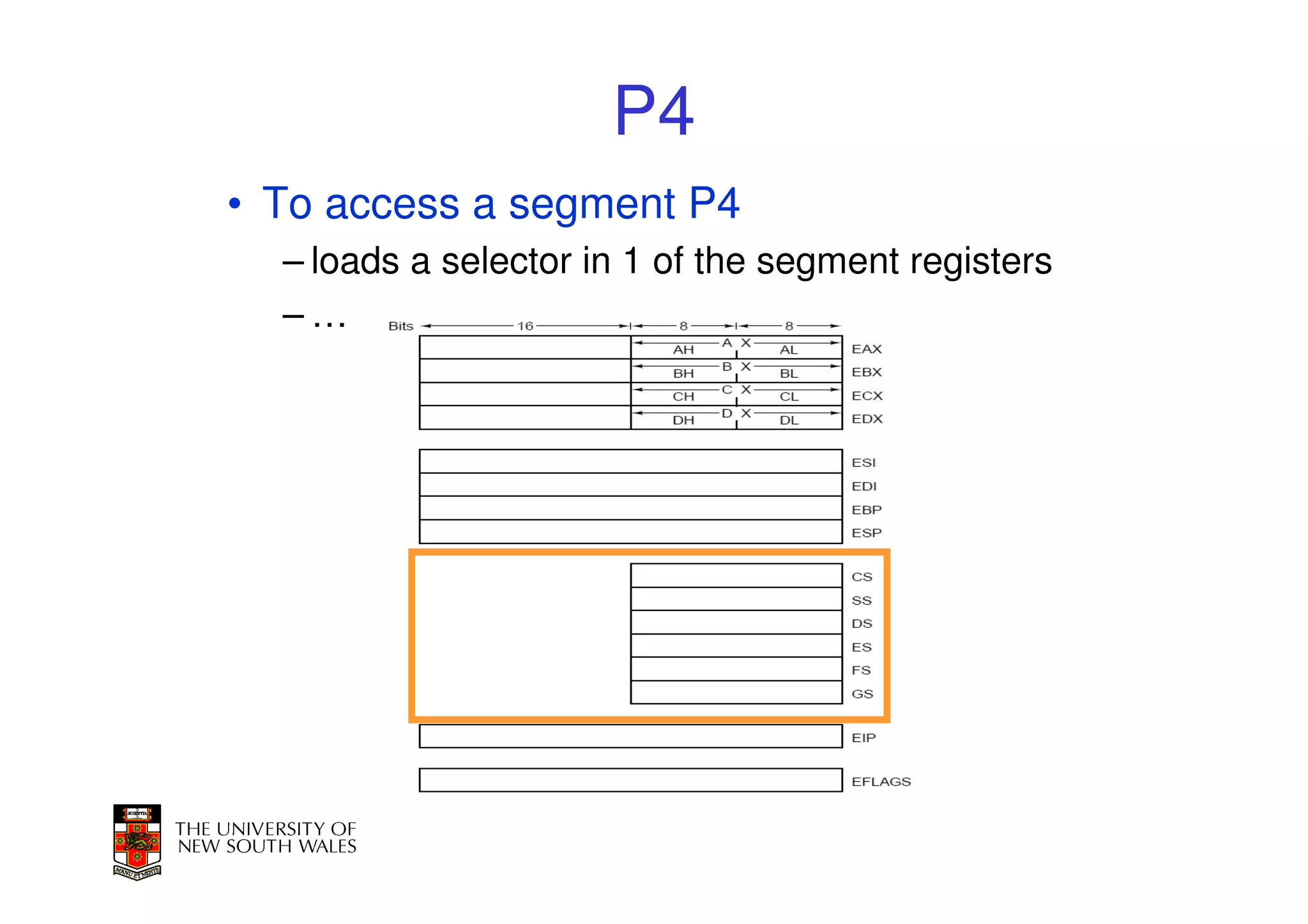 P4
• To access a segment P4
  – loads a selector in 1 of the segment registers
  –…
 