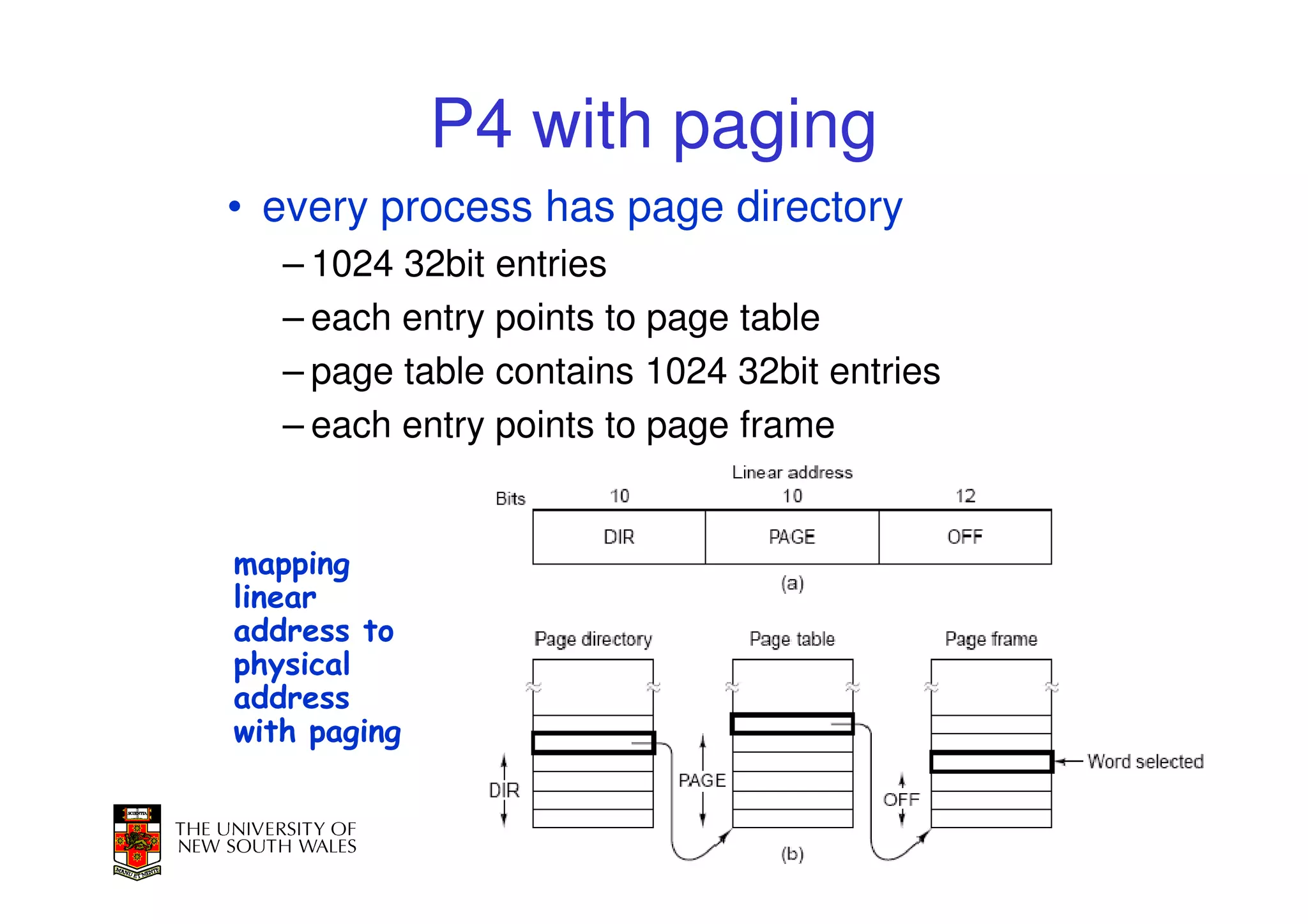 P4 with paging
• every process has page directory
   – 1024 32bit entries
   – each entry points to page table
   – page table contains 1024 32bit entries
   – each entry points to page frame


mapping
linear
address to
physical
address
with paging
 